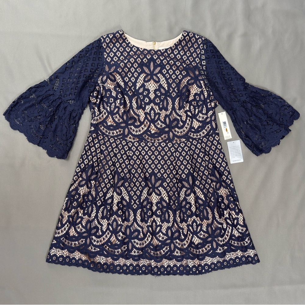 NWT Eliza J Lace Dress Plus Size 16W, Navy Blue, Fit & Flare, Bell Sleeves, Chic